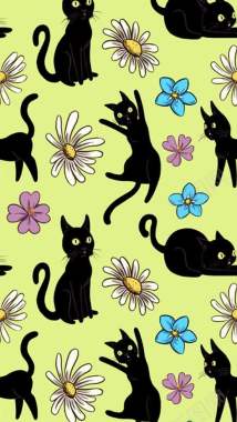 手绘黑色猫咪花朵背景