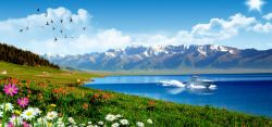 游艇出海矢量图新疆雪山湖水草原背景高清图片