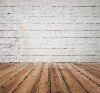 白色砖墙和木质地板背景背景
