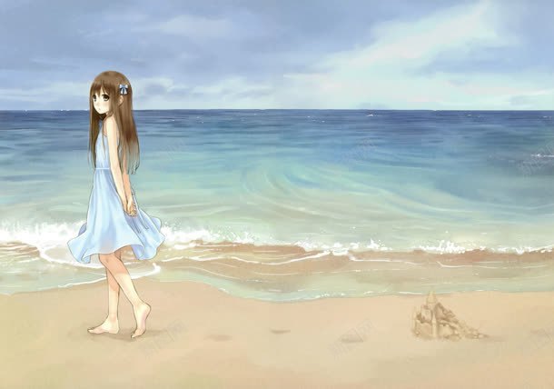 卡通手绘海边的小萝莉jpg设计背景_新图网 https://ixintu.com 卡通 海边 萝莉少女