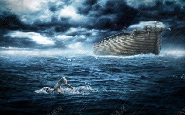 暴风雨中游泳的人大船海报背景背景