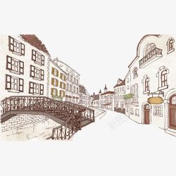 欧美街道欧式建筑街景插画高清图片