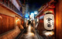 街道夜景日本传统建筑街道灯笼夜景高清图片