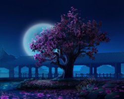 夜景大场景天空夜景游戏场景红色花朵树木月亮高清图片