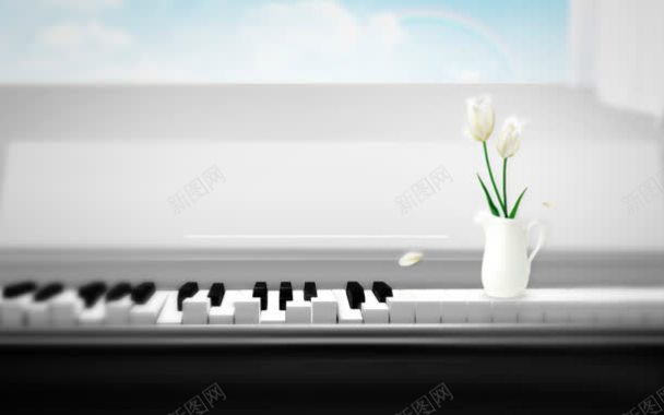 忧郁的钢琴与鲜花背景
