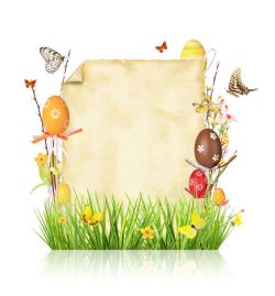 花朵纸张复活节彩蛋与鲜花草地背景高清图片