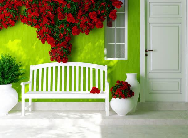 长椅与墙壁上的红色鲜花jpg设计背景_新图网 https://ixintu.com 墙壁 红色 长椅 鲜花