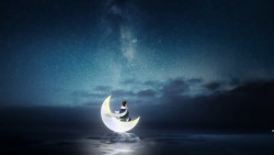 夜幕夜幕卡通湖水月亮上的男孩海报背景高清图片