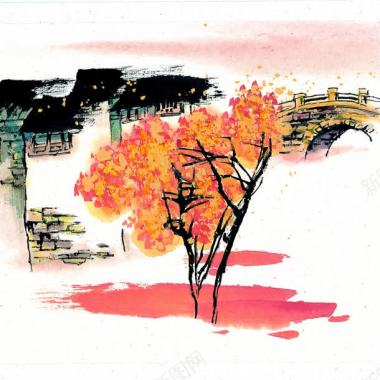 中国风拱桥小巷大树海报背景背景