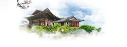 蓝天白云绿草地韩国传统建筑背景banner高清图片