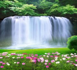 瀑布湖泊鲜花背景图片瀑布鲜花背景高清图片