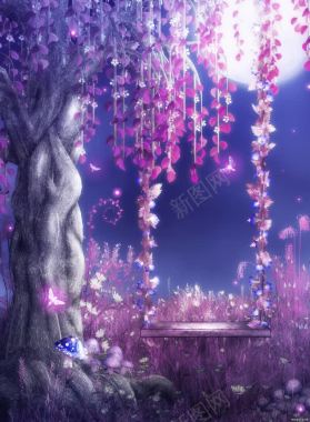 月下紫色花藤海报背景背景