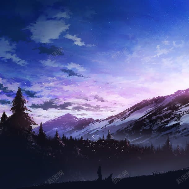 紫色蓝色渐变天空雪山树林jpg设计背景_新图网 https://ixintu.com 天空 树林 渐变 紫色 蓝色 雪山