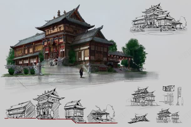 古典传统建筑手绘插画jpg设计背景_新图网 https://ixintu.com 传统 古典 建筑 插画