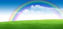 带彩虹的风景蓝天彩虹绿地背景高清图片