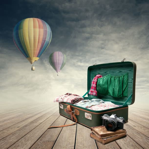 热气球行李箱相机jpg设计背景_新图网 https://ixintu.com 热气球 相机 行李箱