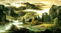 高山河流风景画山水画背景高清图片