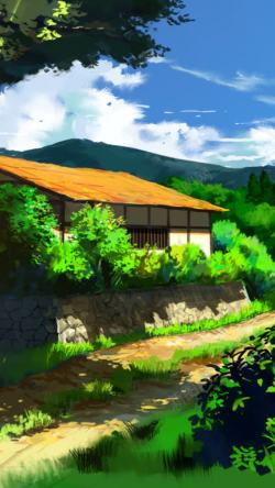 日本动漫日本动漫房屋树木蓝天白云彩绘高清图片
