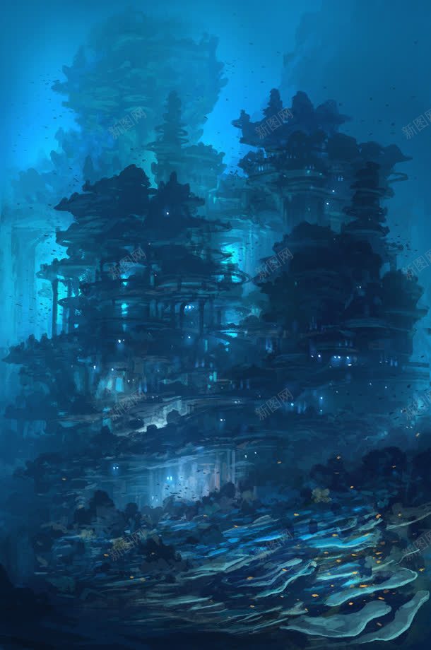 蓝色幽森的森林城堡建筑光效jpg设计背景_新图网 https://ixintu.com 城堡 幽森 建筑 森林 蓝色