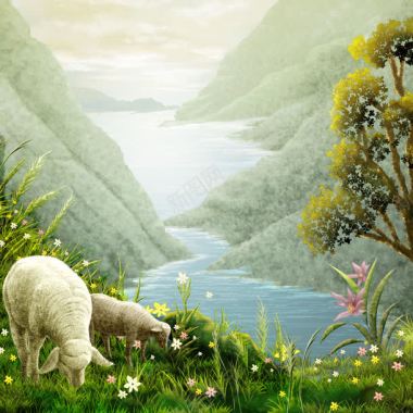 白色花背景画山川河流与动物油画背景