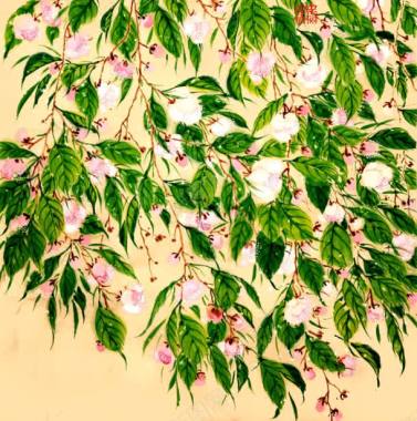 中国风手绘粉花绿叶背景