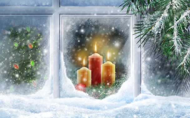 冬季窗户里的蜡烛圣诞节海报背景背景