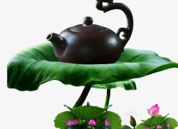 茶具促销背景荷叶上的茶壶高清图片