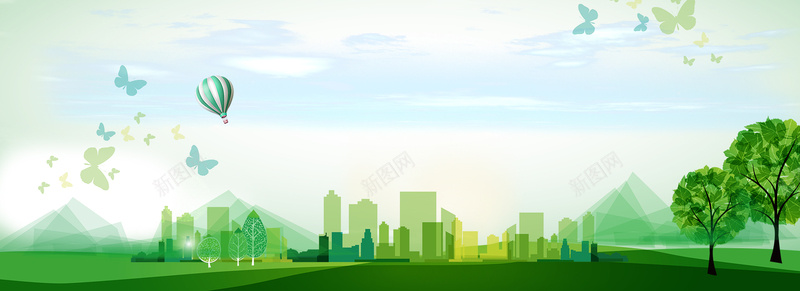 城市蓝天白云建立低碳绿色城市手绘卡通绿色banner背景