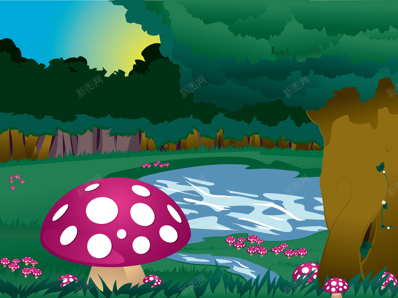 手绘蘑菇森林海报背景矢量图ai设计背景_新图网 https://ixintu.com 卡通 小河 手绘 森林 背景海报 蘑菇 矢量图