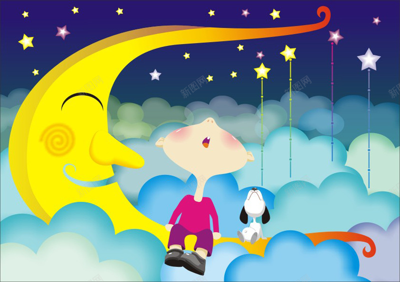 卡通插画展板cdr设计背景_新图网 https://ixintu.com 卡通 卡通插画 天空 手绘 月亮 白云 童话世界 童趣