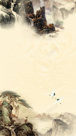 黄色飞鹤中国风山水水墨画H5背景高清图片
