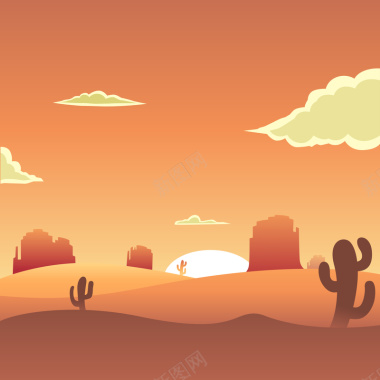 西部沙漠卡通夕阳背景矢量图背景
