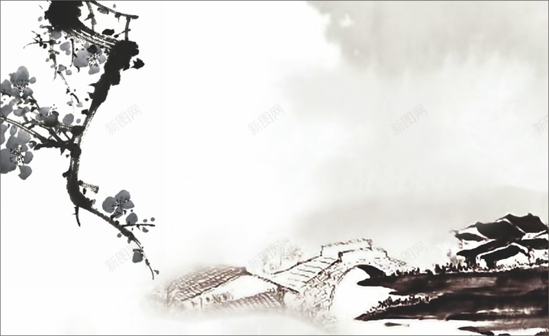 黑色中国风水墨背景cdr设计背景_新图网 https://ixintu.com 中国风 古典 墨迹白色 村庄 水墨 纹理 花朵 质感
