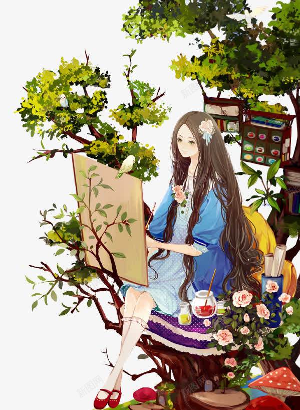 画画的女孩png免抠素材_新图网 https://ixintu.com 女孩 插画 树 玫瑰花 画板 画画 绘画 颜料