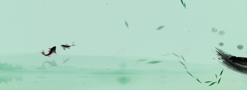 水墨柳叶鱼塘绿色背景背景