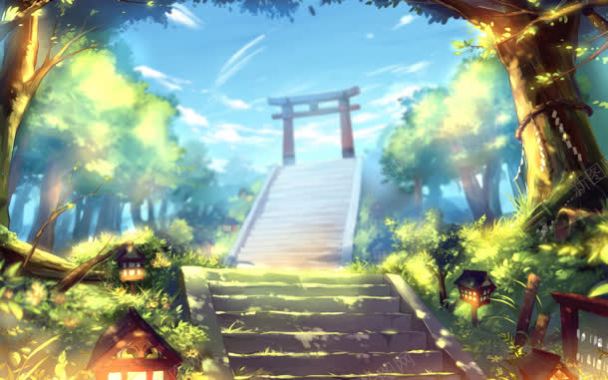 云山水神社自然风景动漫插画背景