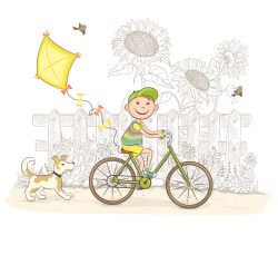 暑期学生骑自行车插画卡通幼儿园儿童节日童话世界动漫背景矢量图高清图片