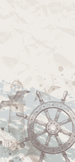 蓝色褶皱纸张背景图片复古灯塔航海展架背景矢量图高清图片
