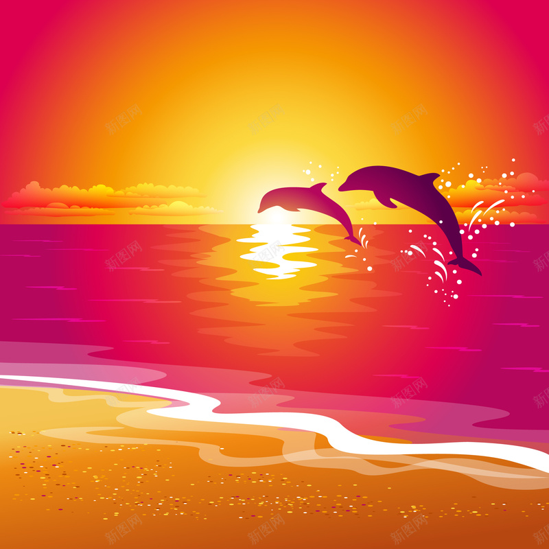 夕阳背景矢量图ai_新图网 https://ixintu.com 夕阳 太阳 摄影 橙色 海平面 海鸥 红色 风景 矢量图