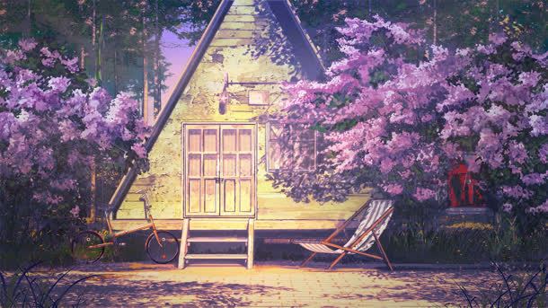 日系插画房屋樱花树浪漫色彩背景