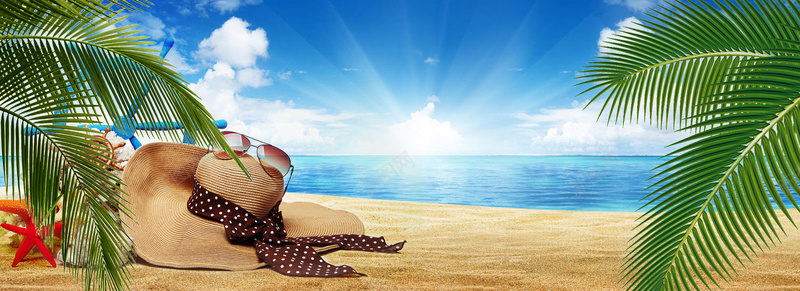 海边度假景色文艺蓝天海滩太阳帽背景背景