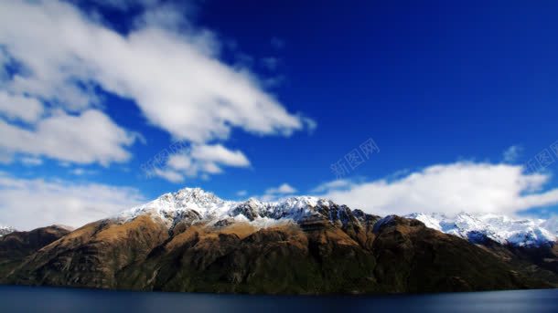 蓝天白云下的雪山湖泊背景