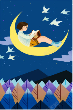 卡通手绘唯美夜空女孩阅读海报背景矢量图背景