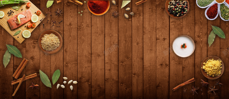 蒸煮食物美食俯视图木纹质感中草药棕色banner背景