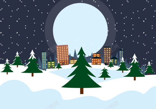 蓝色月夜卡通手绘冬季雪花风格场景矢量图背景