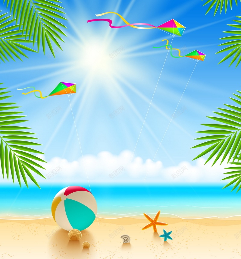 沙滩海滩矢量图ai_新图网 https://ixintu.com 大海 天空 摄影 椰树 沙滩 海滩 皮球 蓝色 风景 矢量图
