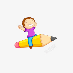 卡通坐着铅笔飞行的小孩素材