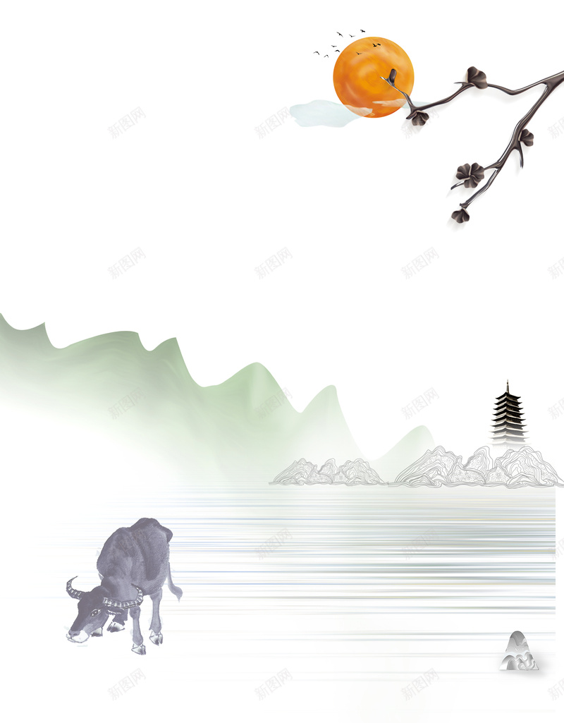 春季水墨风背景元素图psd设计背景_新图网 https://ixintu.com 塔 太阳 春天 植物 清明节 牛 踏青