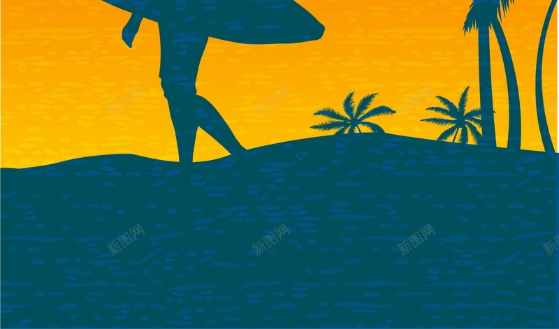 海滩冲浪矢量图ai_新图网 https://ixintu.com 人物 冲浪 剪影 摄影 椰树 橙色 沙滩 海浪 风景 矢量图