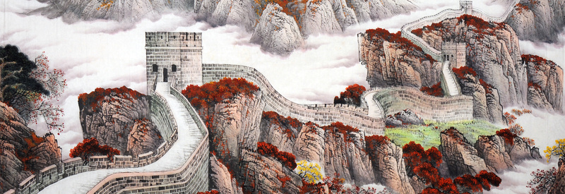 长城山水画背景psd设计背景_新图网 https://ixintu.com 中国风 山峰 山水画背景 树木 海报banner 长城